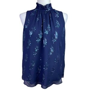 Rebecca Taylor Silk Blend Blouse High Ruffled Neck Metallic Stars Navy Size 8